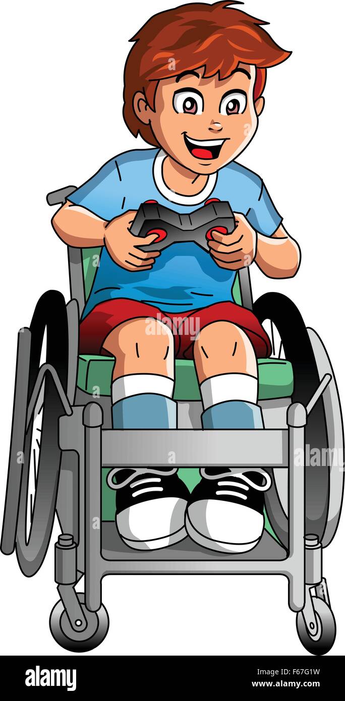 Special needs or disabled boy gamer in wheelchair playing a video game holding a video game controller Stock Vector