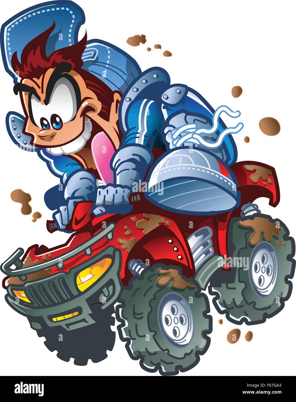 Wild Smiling ATV Quad Rider Making a Jump in the Mud Stock Vector