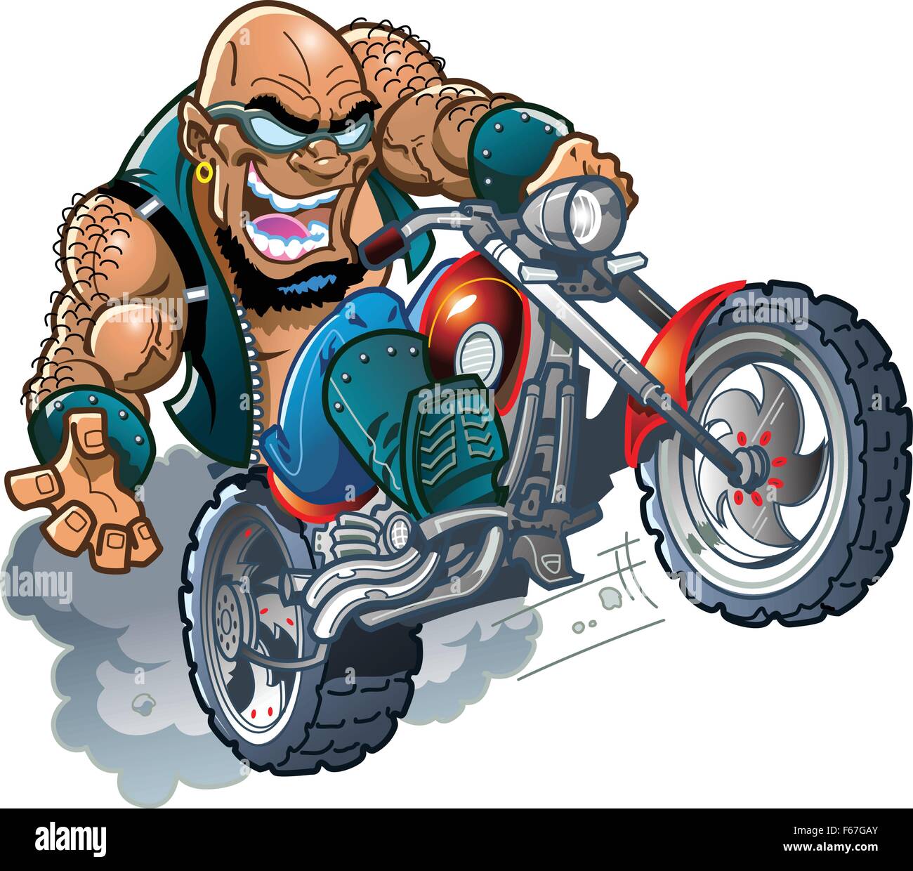 Wild Crazy Bald Smiling Biker Dude with Sunglasses on Motorcycle Stock Vector