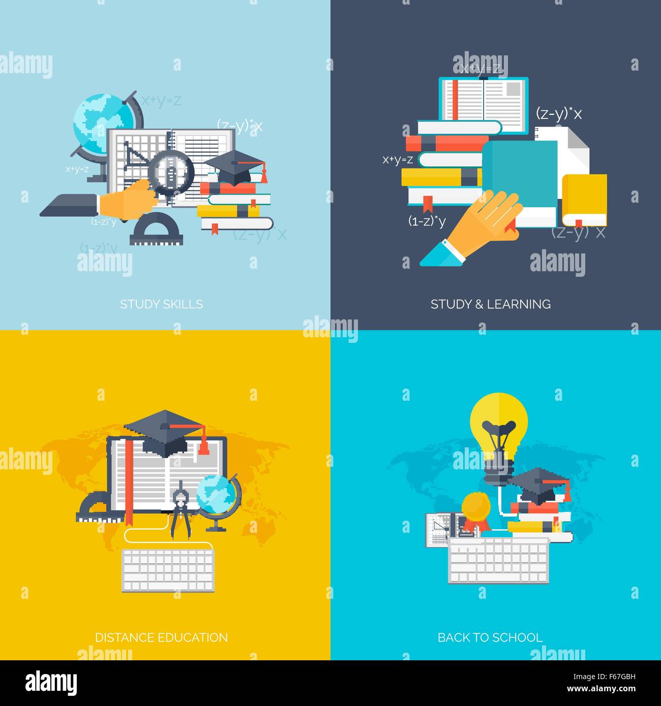 Flat concept education backgrounds set. Back to school. Distance ...