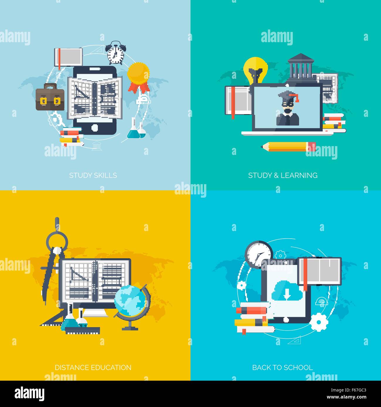 Flat concept education backgrounds set. Back to school. Distance ...