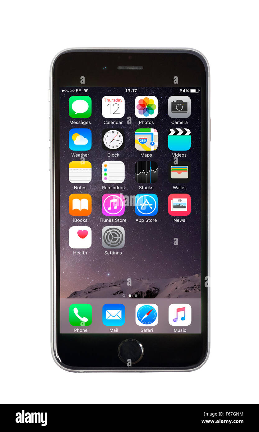 Default home screen on Apple iPhone 6 Stock Photo