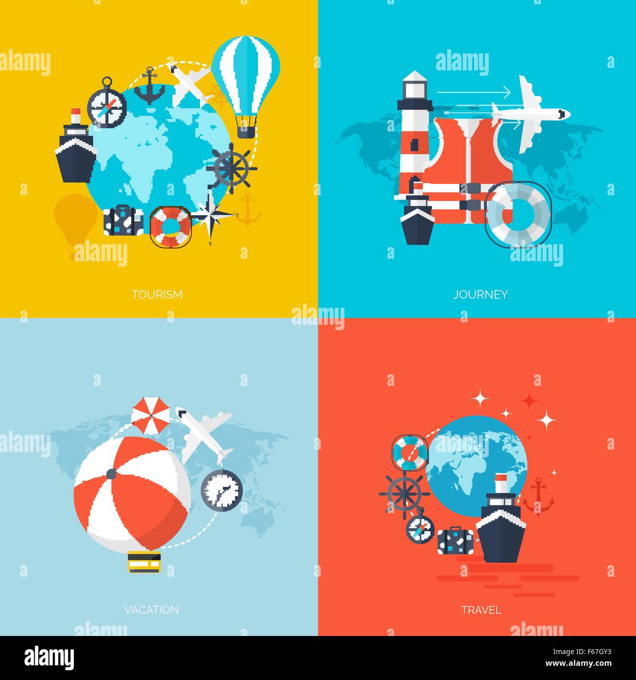 World travel concept backgrounds set. Flat icons. Tourism Holidays and ...