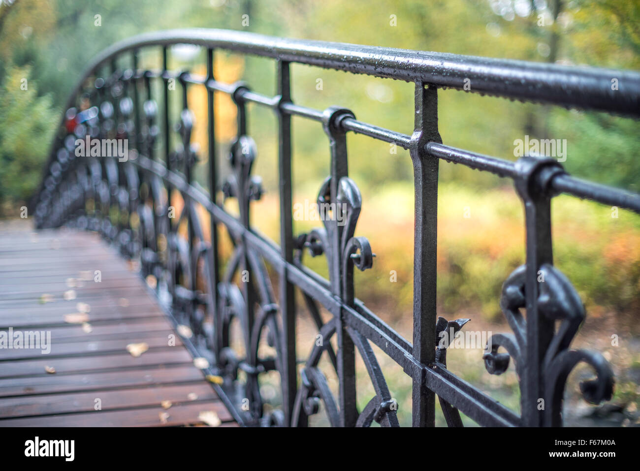 Old iron railing with colorful autumn background Stock Photo - Alamy