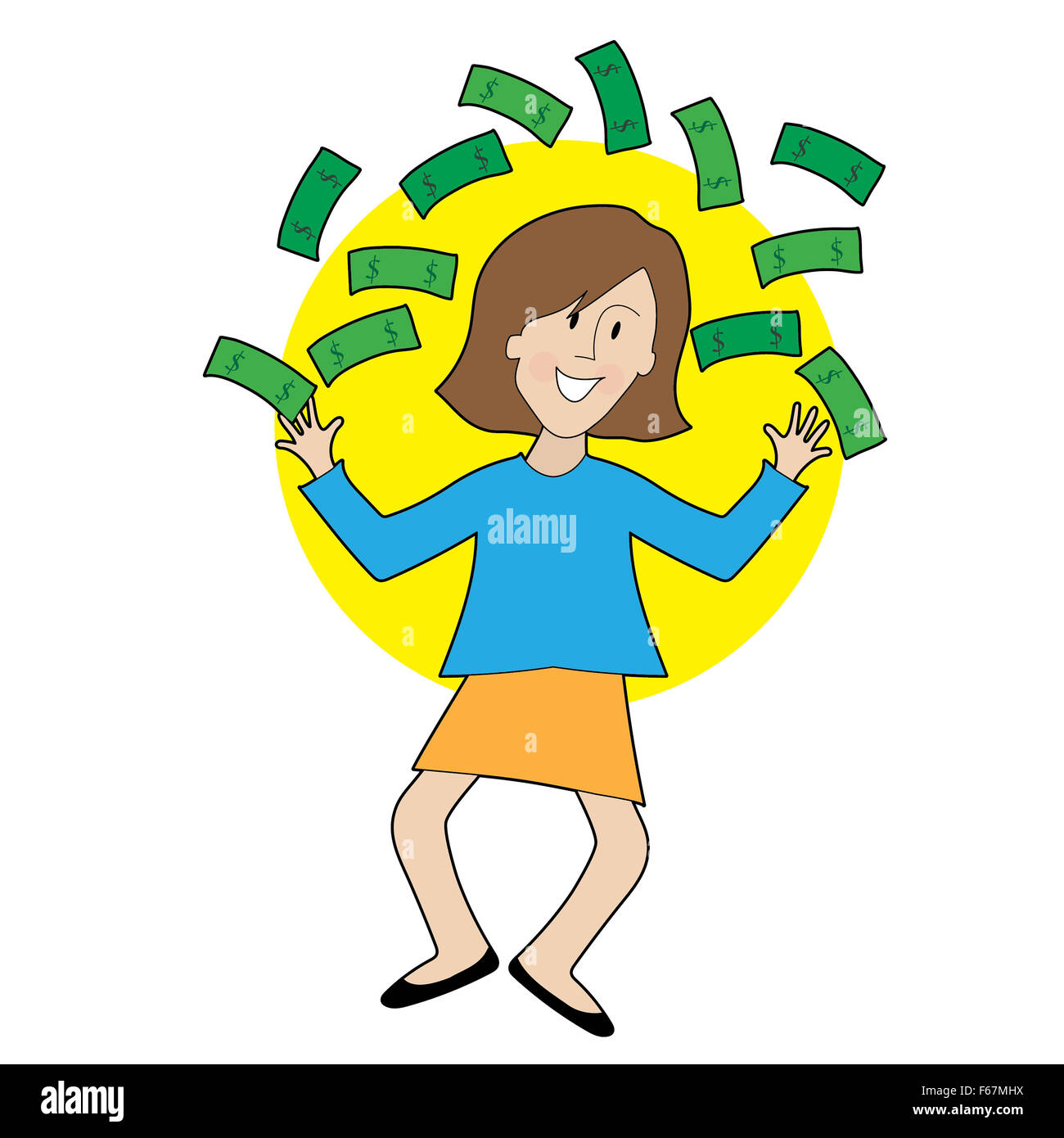 A very happy lady is jumping and throwing money in the air Stock Photo
