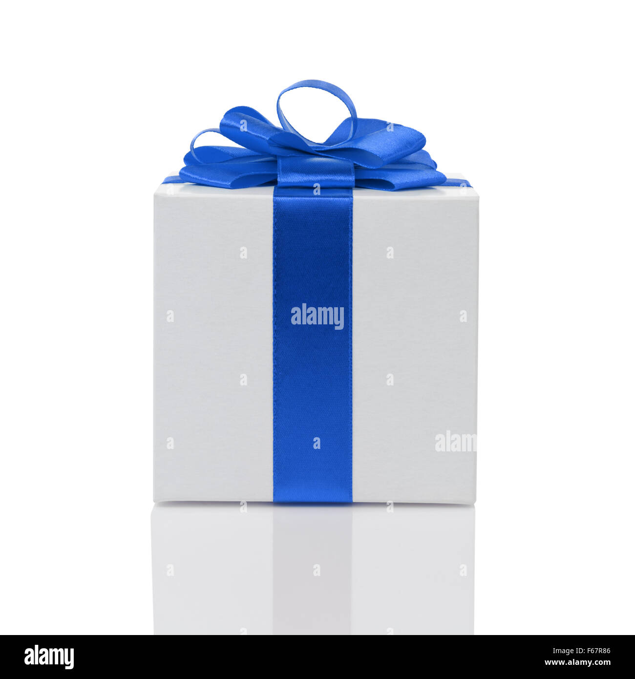 white paper gift box with blue ribbon bow isolated Stock Photo