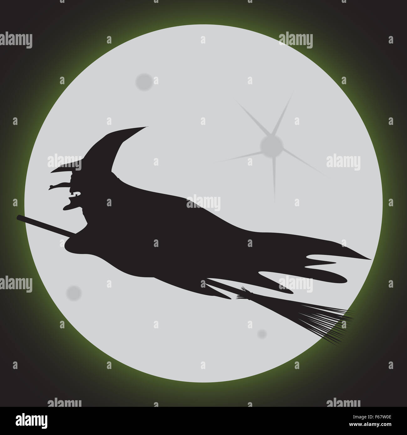 A silhouette of a witch riding a broomstick in front of the full moon ...