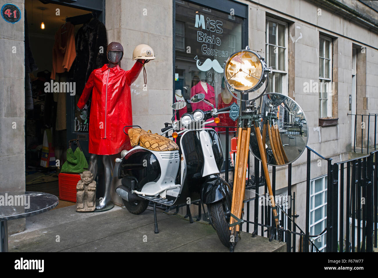 An eclectic display of vintage fashion and objects outside a vintage clothes shop on St Stephen Street, Edinburgh, Scotland, UK. Stock Photo