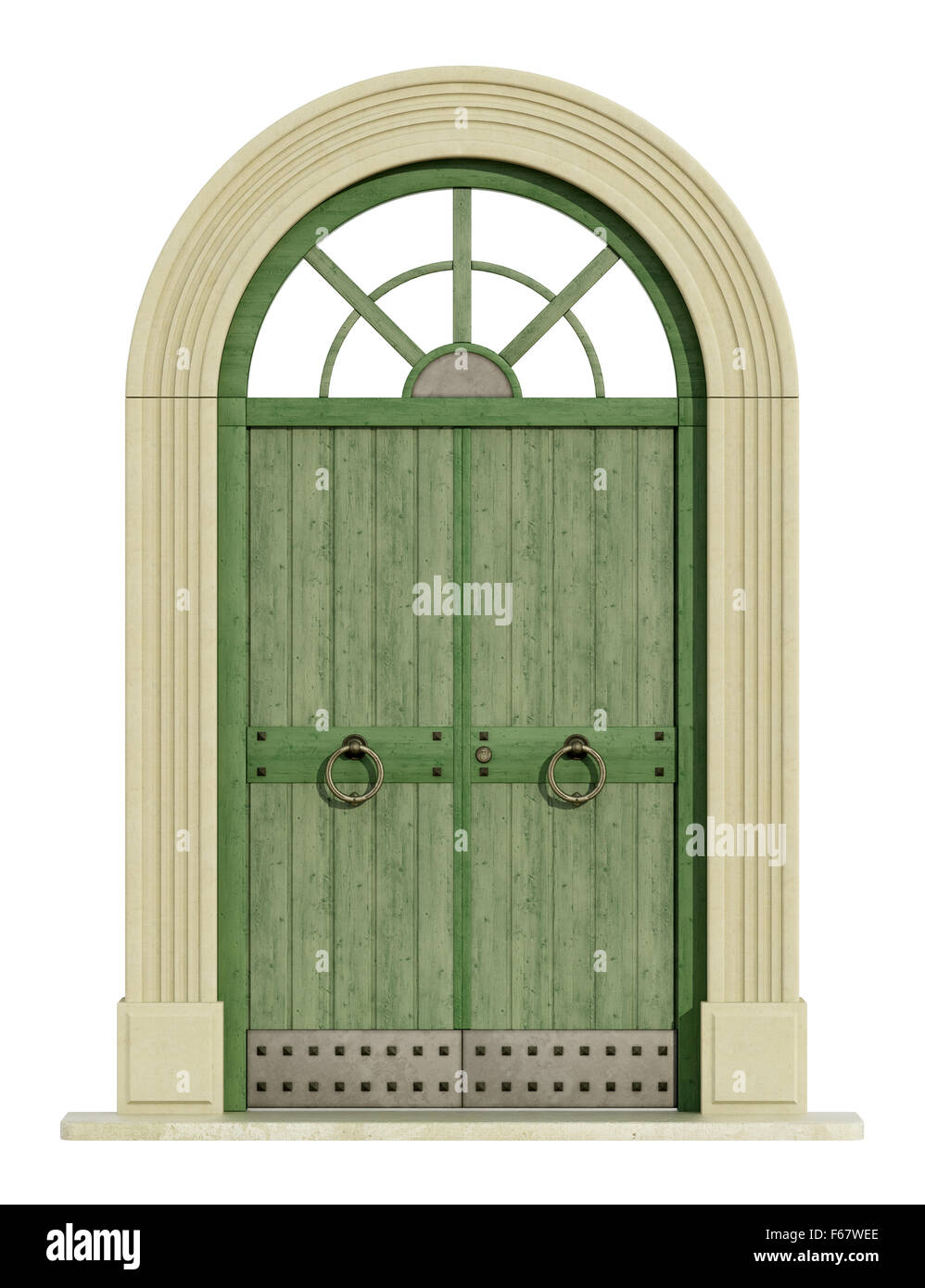 Old green front door with stone portal isolated om white - 3D Rendering Stock Photo