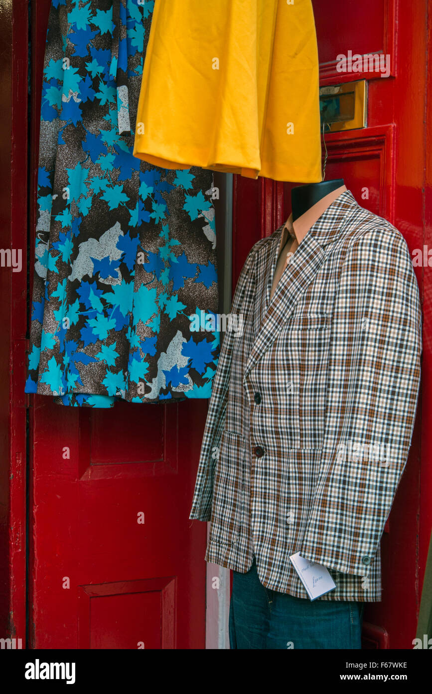 Vintage clothes in  the doorway of a branch of Armstrong's vintage clothing store in Edinburgh, Scotland, UK. Stock Photo