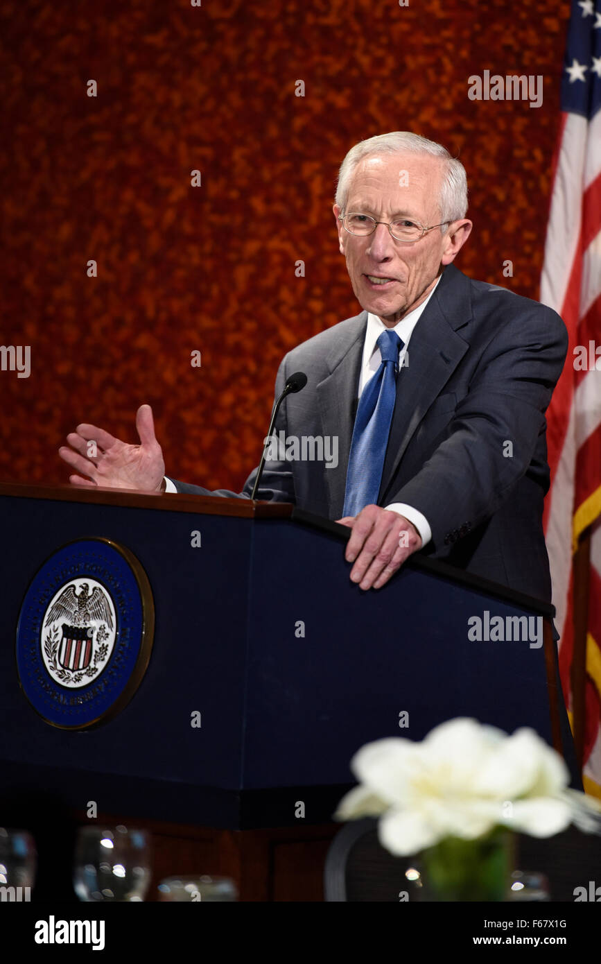 US Federal Reserve board Vice Chairman Stanley Fischer delivers remarks at monetary policy research conference November 12, 2015 in Washington, DC. Stock Photo