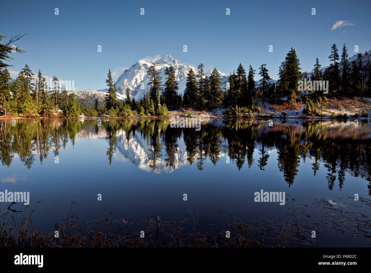 WA10987-00...WASHINGTON - Mount Shuksan reflecting in Highwood Lake in the Heather Meadows Recreation Area in the North Cascades Stock Photo