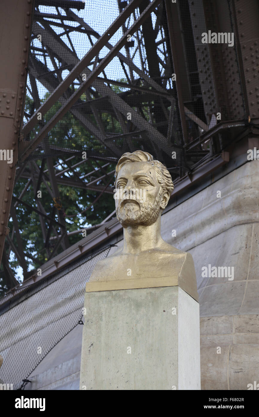 Gustave Eiffel (1832-1923). French civil engineer and architect. Bust under The Eiffel Tower. Sculpted by Emile Antoine Bourdell Stock Photo
