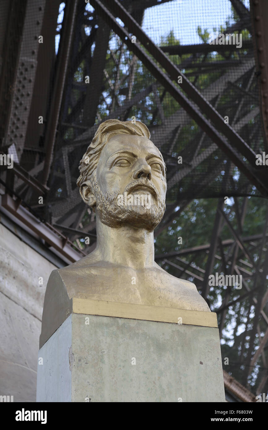 Gustave Eiffel (1832-1923). French civil engineer and architect. Bust under The Eiffel Tower. Sculpted by Emile Antoine Bourdell Stock Photo