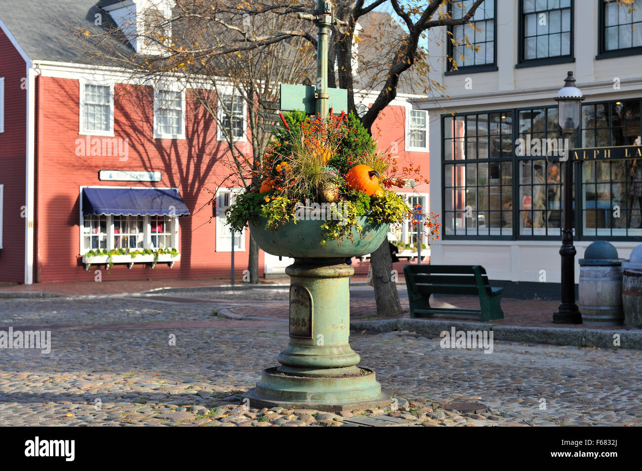 Fall Cornucopia in a town square, Nantucket, Cape Cod Massachusetts USA in autumn. Stock Photo