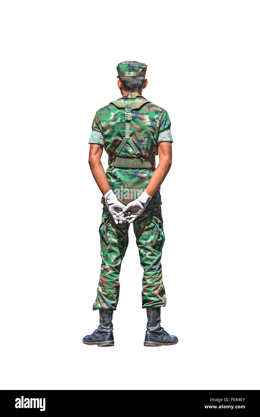 Army soldier in Parade rest position. Back view, on white background+ clipping paths Stock Photo