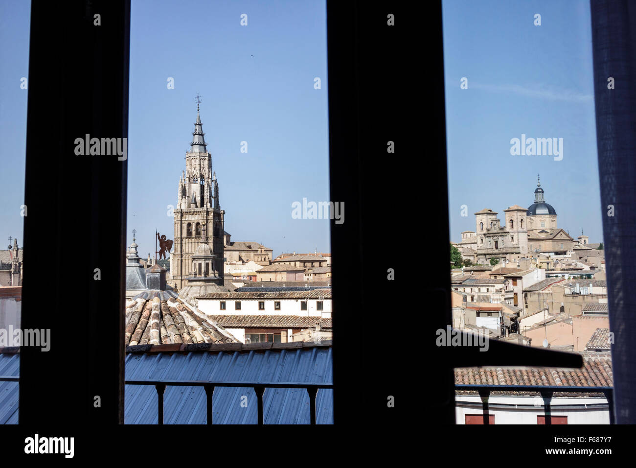 Toledo Spain,Europe,Spanish,Hispanic World Heritage Site,historic center,rooftops,bell tower,steeple,Primate Cathedral of Saint Mary of Toledo,Catedra Stock Photo