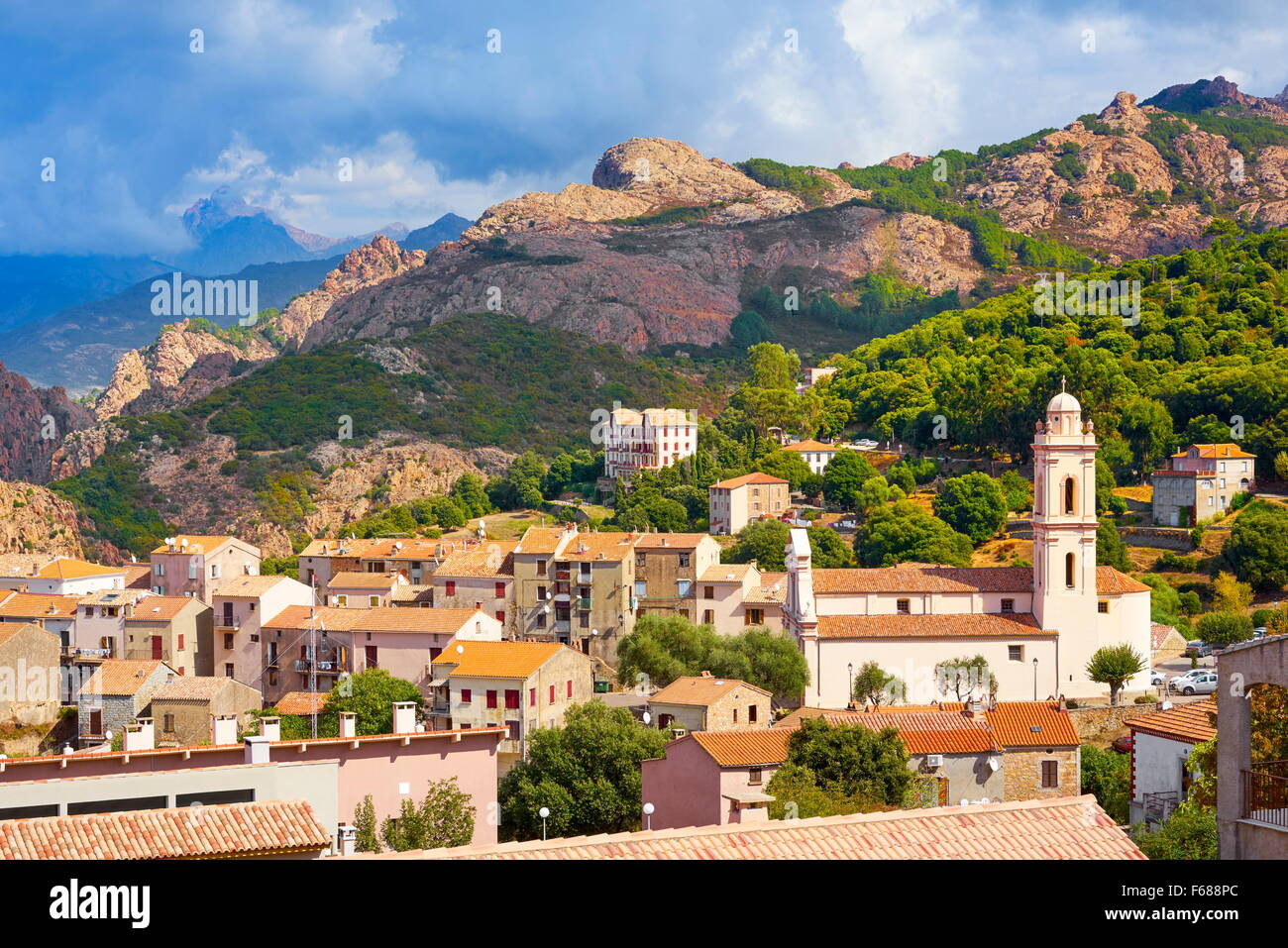 Piana Village, Les Calanches, Golfe de Porto, Corsica Island, France, UNESCO Stock Photo