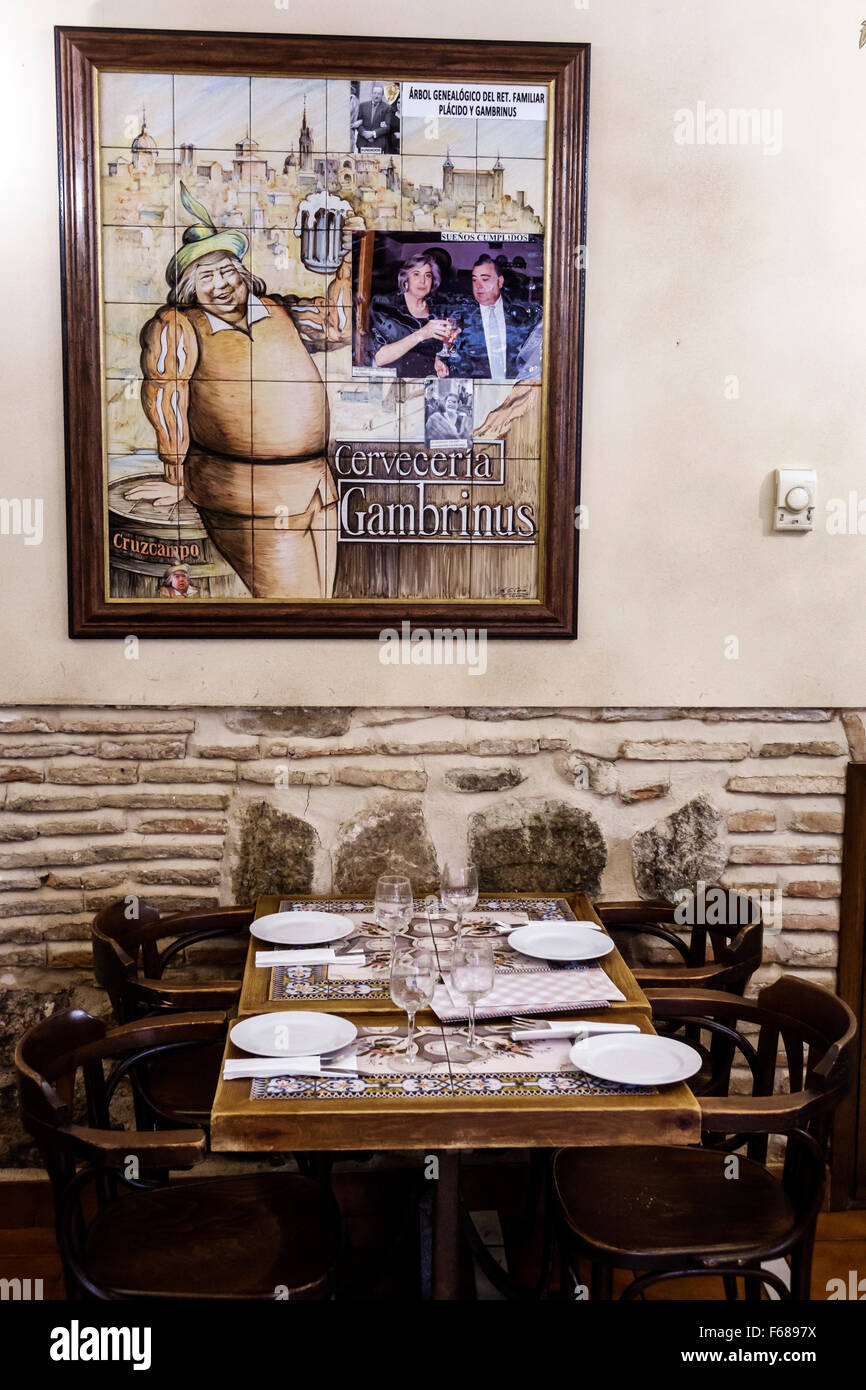 Toledo Spain,Europe,Spanish,Hispanic Cerveceria Gambrinus,bar lounge pub,restaurant restaurants food dining cafe cafes,interior inside,table,chairs,ce Stock Photo