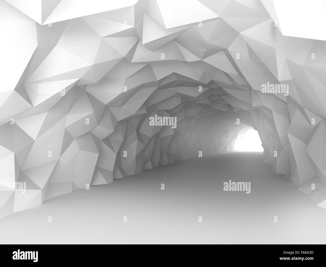 Turning white crystal tunnel interior with chaotic polygonal relief of