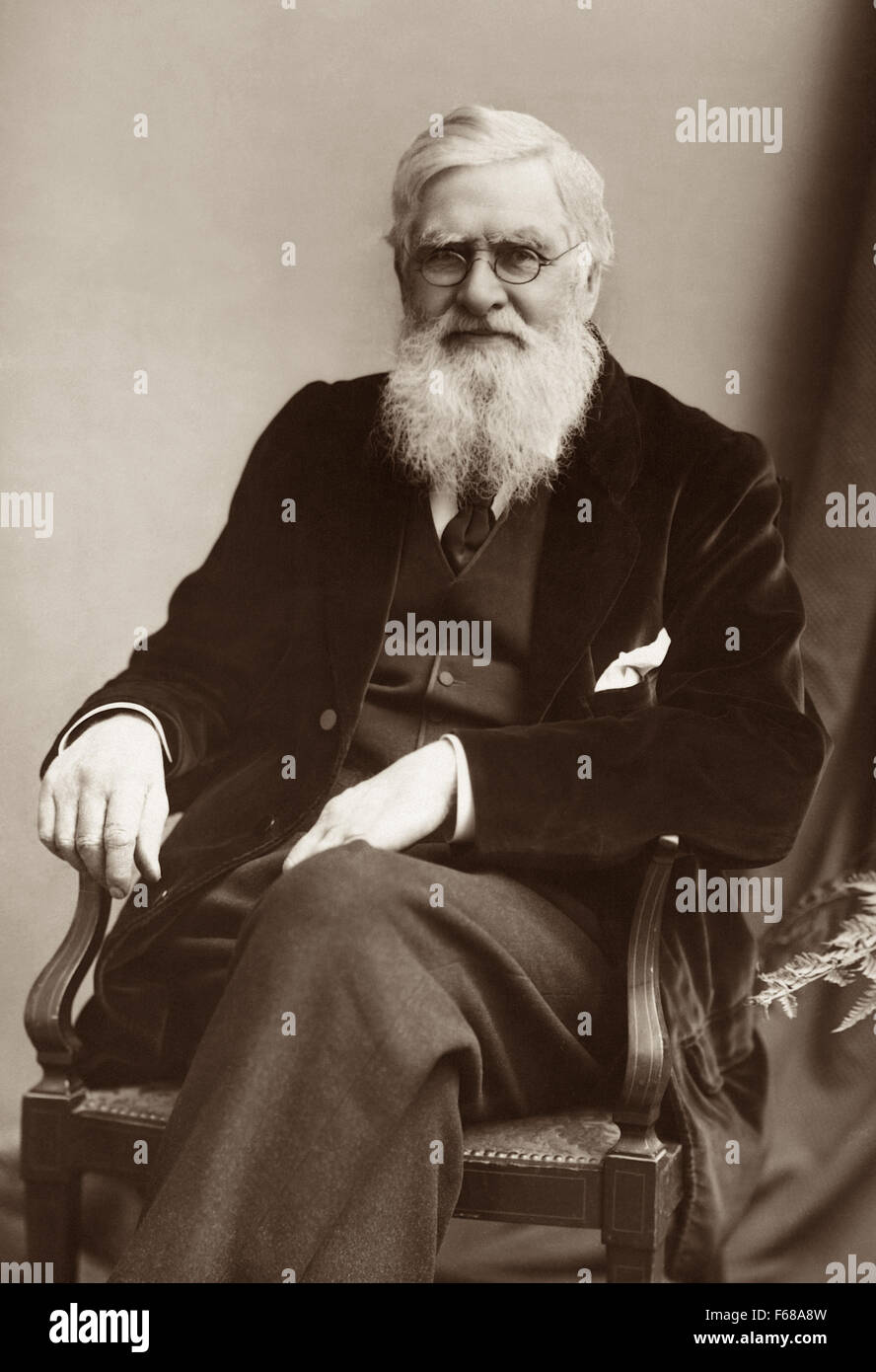 Alfred Russel Wallace (1823 - 1913), a British naturalist, biologist, geographer, and explorer (shown c1895) is best known for independently conceiving the theory of evolution through natural selection. Wallace's paper on the subject was jointly published with some of Charles Darwin's writings in 1858. Stock Photo