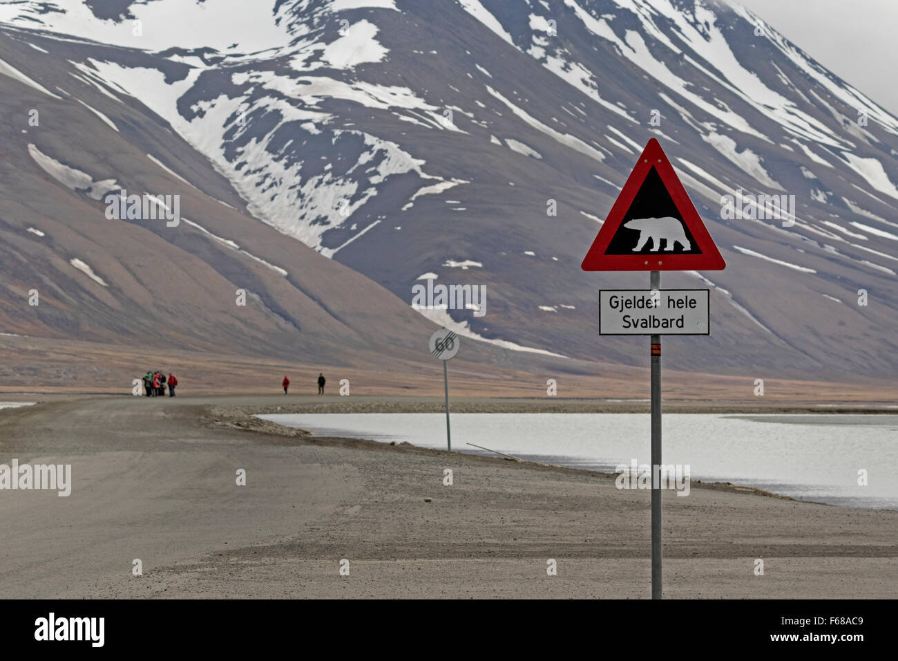 Polar bear warning sign, Longyearbyen, Spitsbergen Island, Svalbard Archipelago, Svalbard and Jan Mayen, Norway, Europe Stock Photo