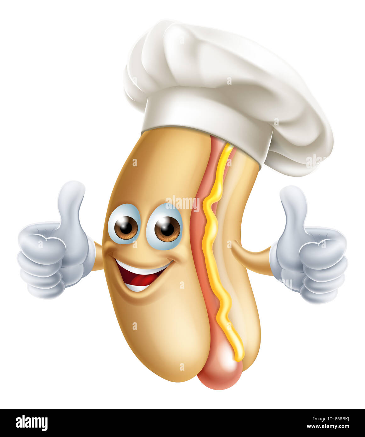Cartoon hot dog sausage in a bun mascot man character in a chef cook
