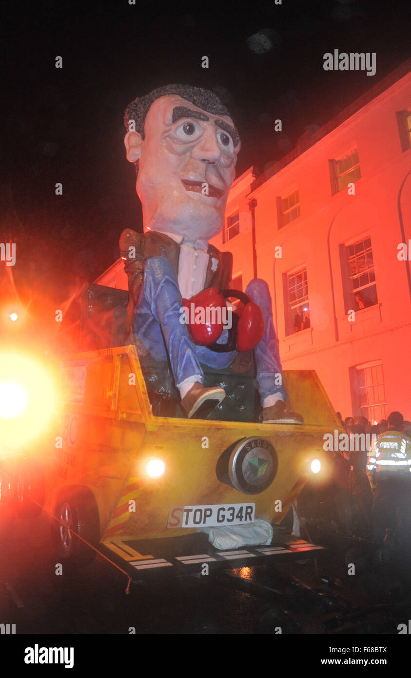 An effigy of Jeremy Clarkson is pulled through the streets at the Lewes Bonfire celebrations this evening Stock Photo