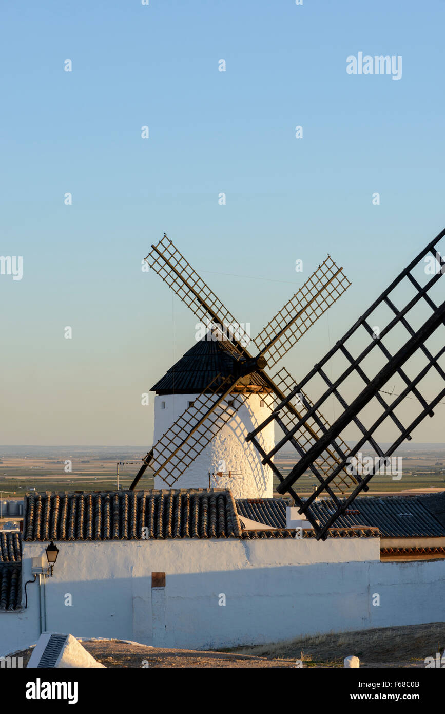 Windmill at evening light. Don Quixote's windmill at Campo de Criptana (Ciudad Real). Touristic and visitors area. Stock Photo