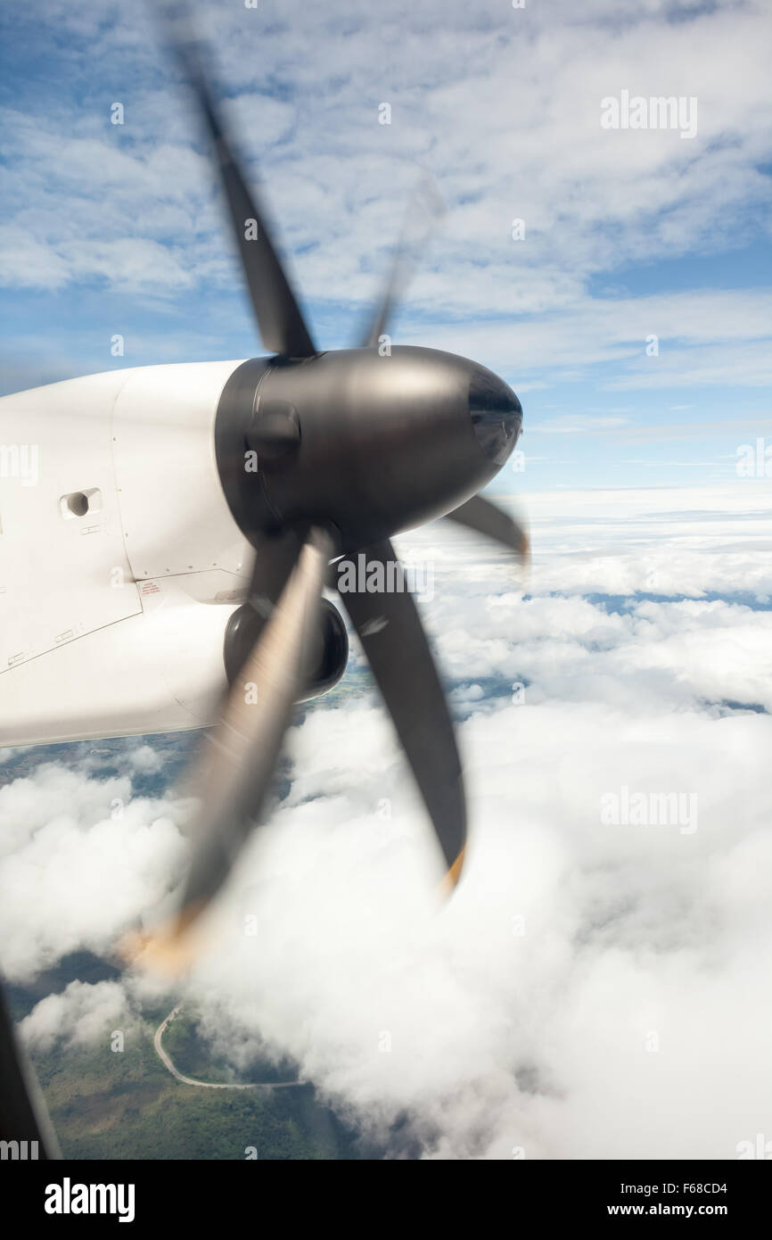 an aircraft wing with a motordriven propellers Stock Photo Alamy