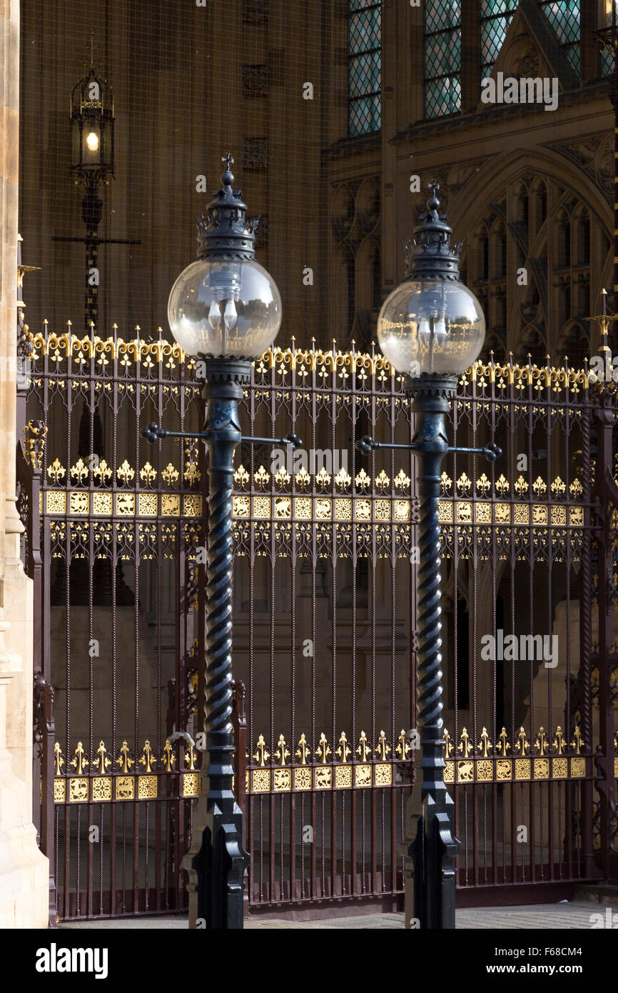 Gates and lamp posts at an entrance to the Palace of Westminster