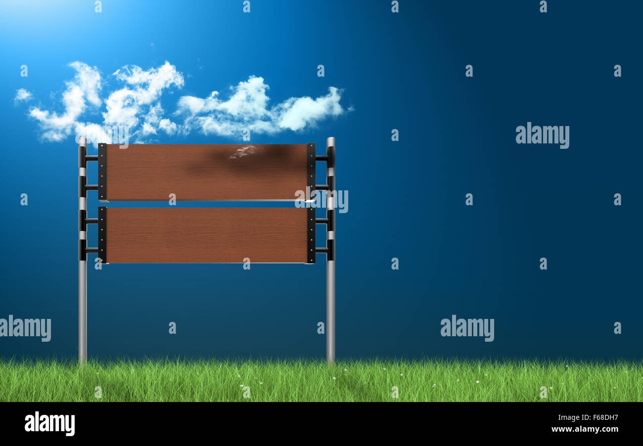 Empty road sign in green grass field over blue sky background Stock ...