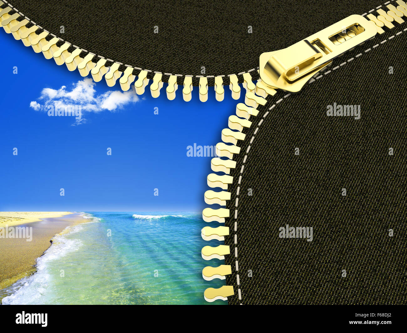 Open zipper showing a beautiful blue sky and clear sea Stock Photo