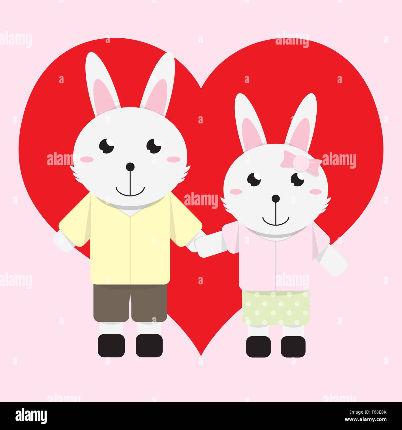 boy and girl rabbit in cartoon style holding hand in front of heart