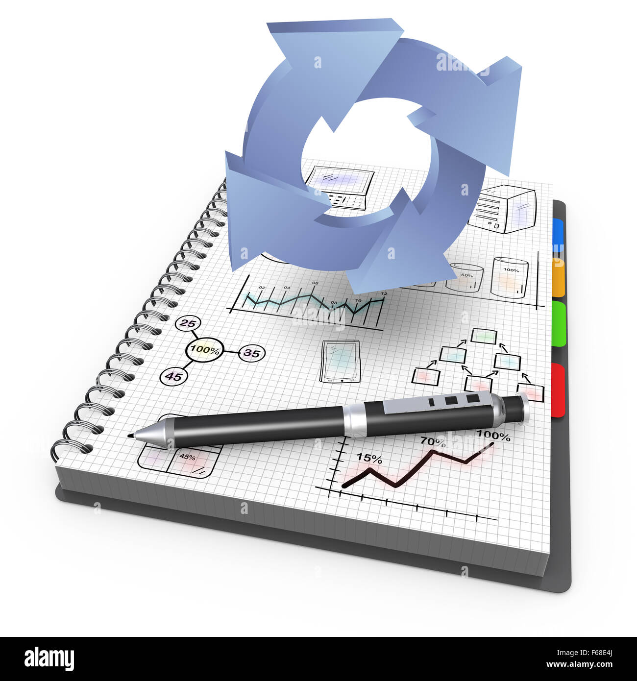 Spiral notebook with process arrows concept Stock Photo