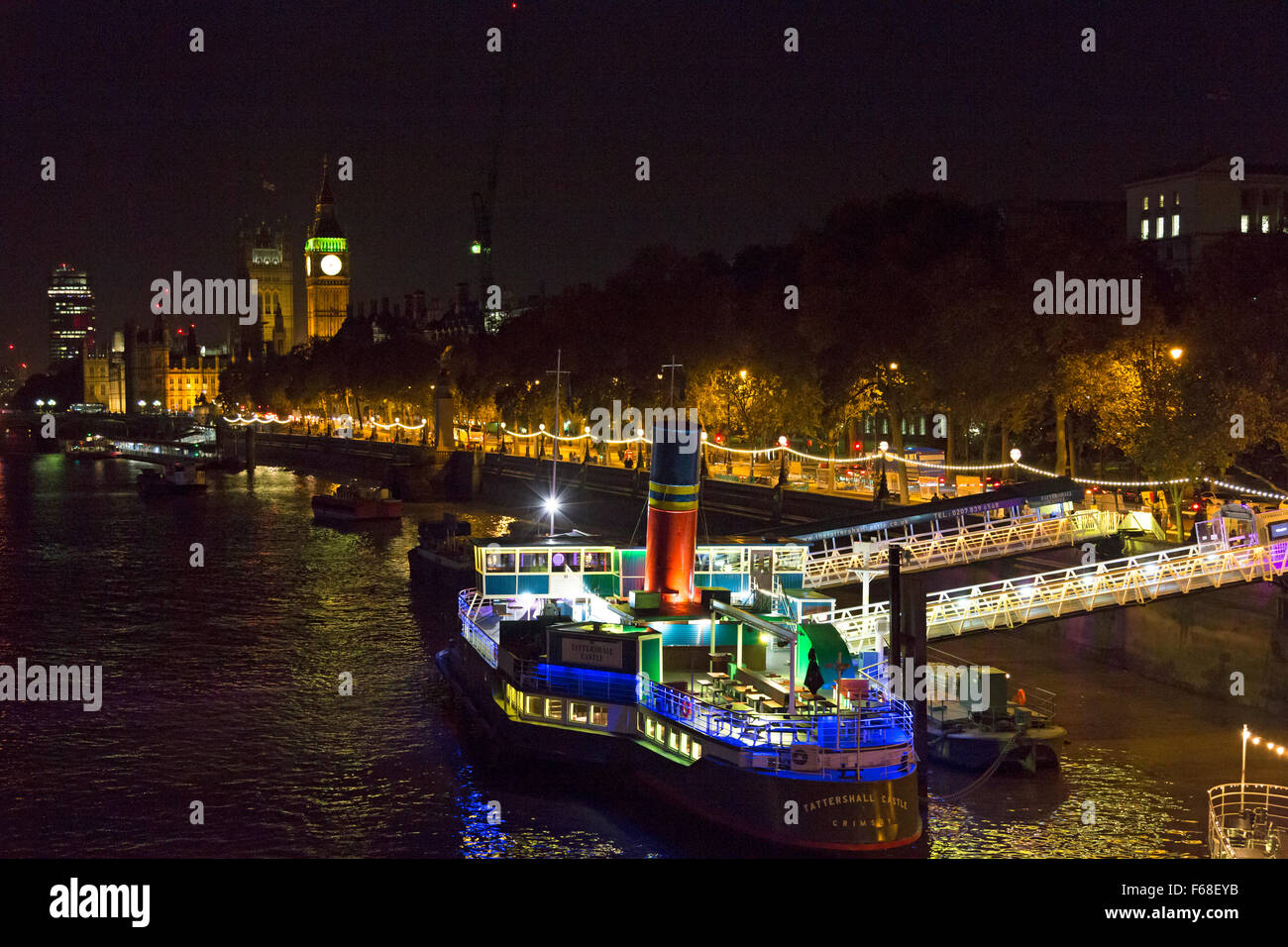 Restaurant and bar 'Tattershall Castle' moored on the Thames at Victoria Embankment, London Stock Photo