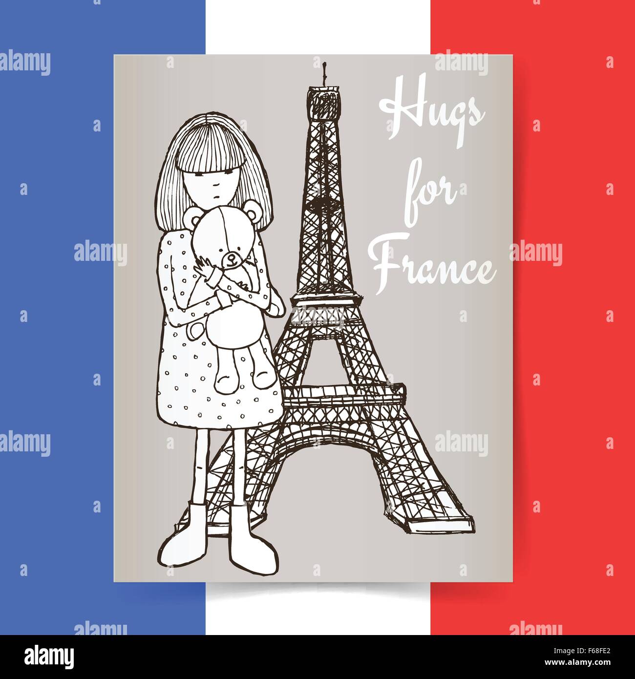 Sketch condolences for France poster, vector girl with teddy bear and Eiffel tower Stock Vector