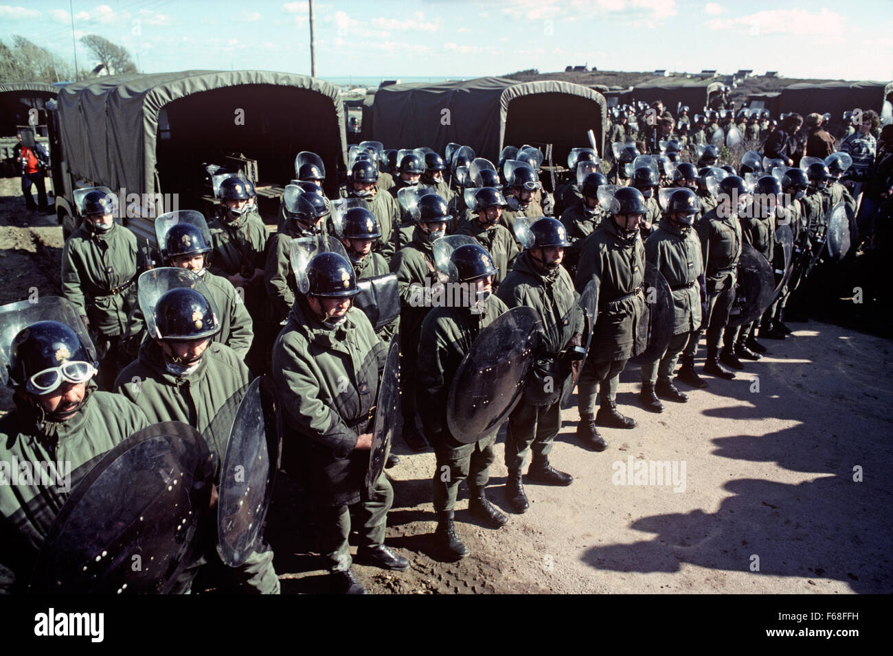 French police, Gendarmerie Mobile,  lined up against antinuclear demonstrators in Plogoff, small village in South West Brittany, France Stock Photo