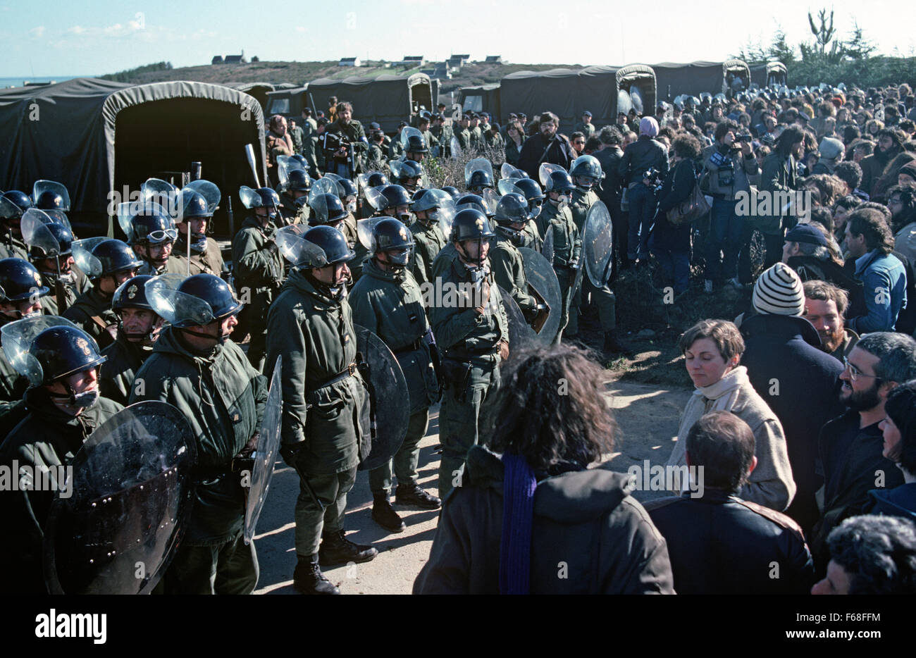 French police, Gendarmerie Mobile, lined up against antinuclear demonstrators in Plogoff, small village in South West Brittany, France Stock Photo