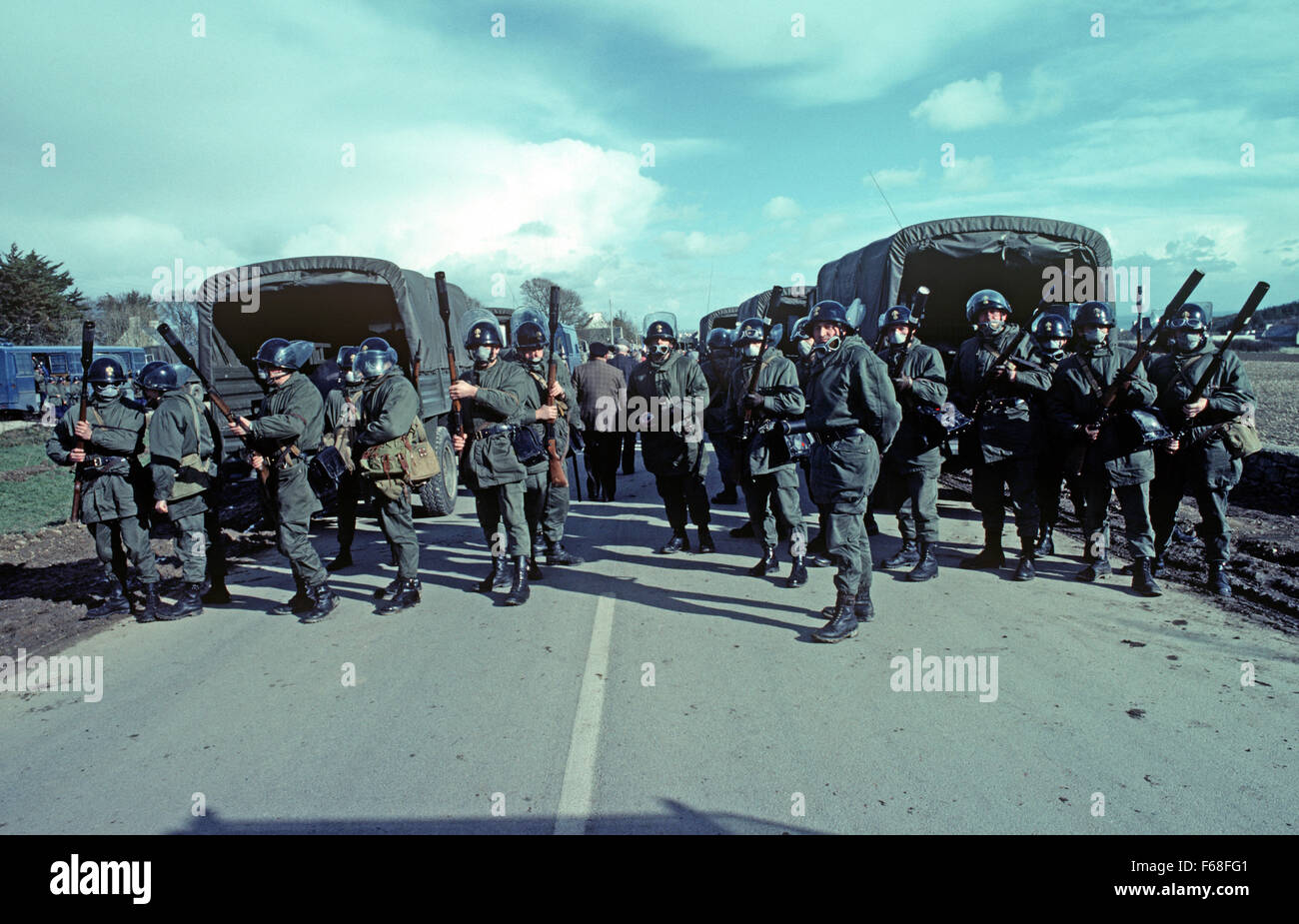 French police, Gendarmerie Mobile, lined up against antinuclear demonstrators in Plogoff, small village in South West Brittany, France Stock Photo