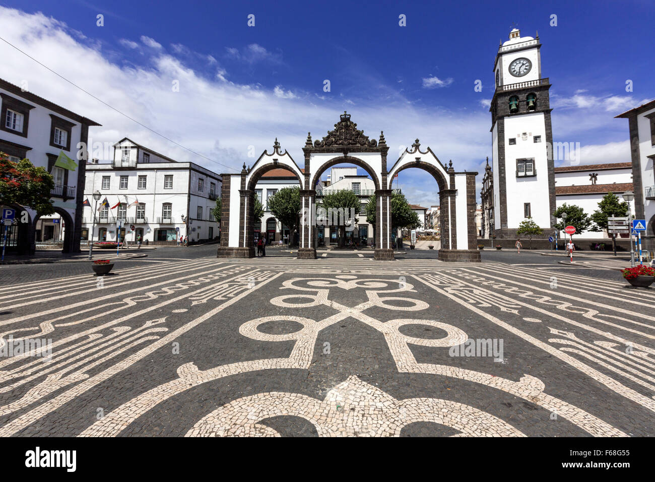 The Portas da Cidade, Gates to the City, and the tower of Church of St. Sebastian in Ponta Delgada, São Miguel, Azores, Portugal Stock Photo