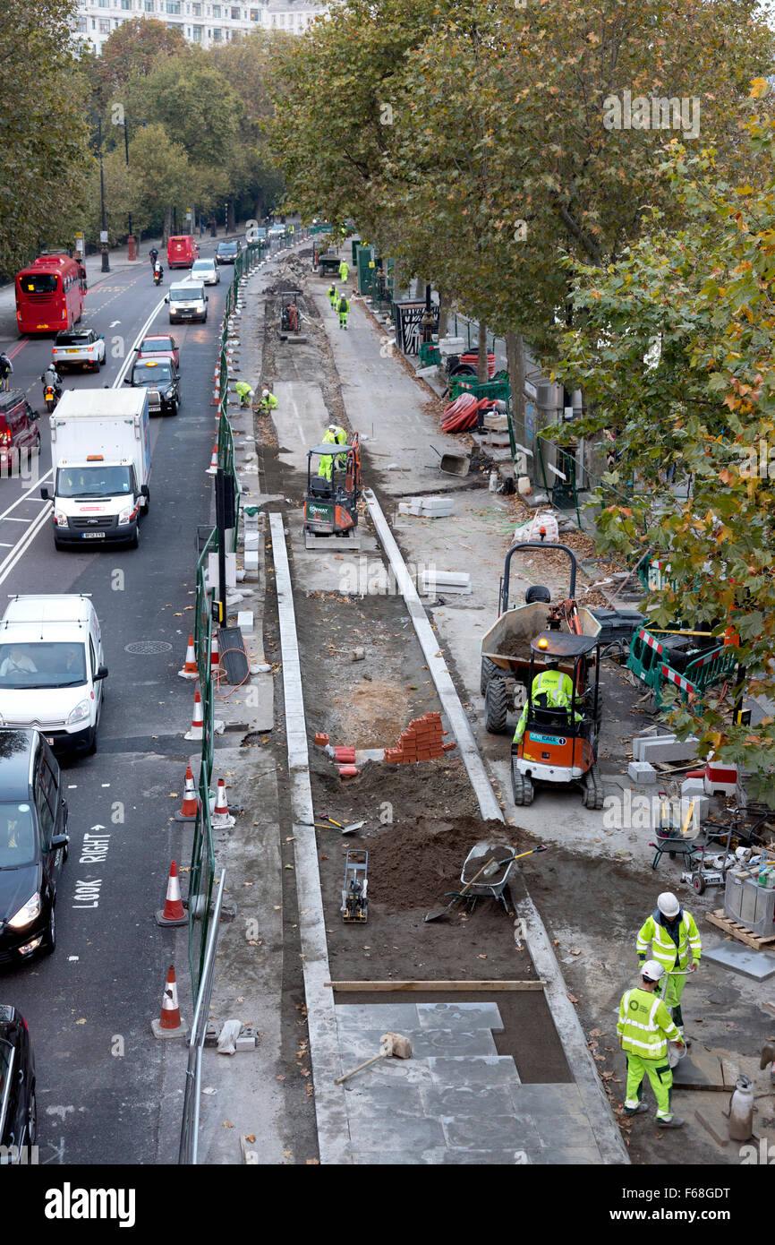 East-West Cycle Superhighway being constructed along Victoria Embankment, London Stock Photo