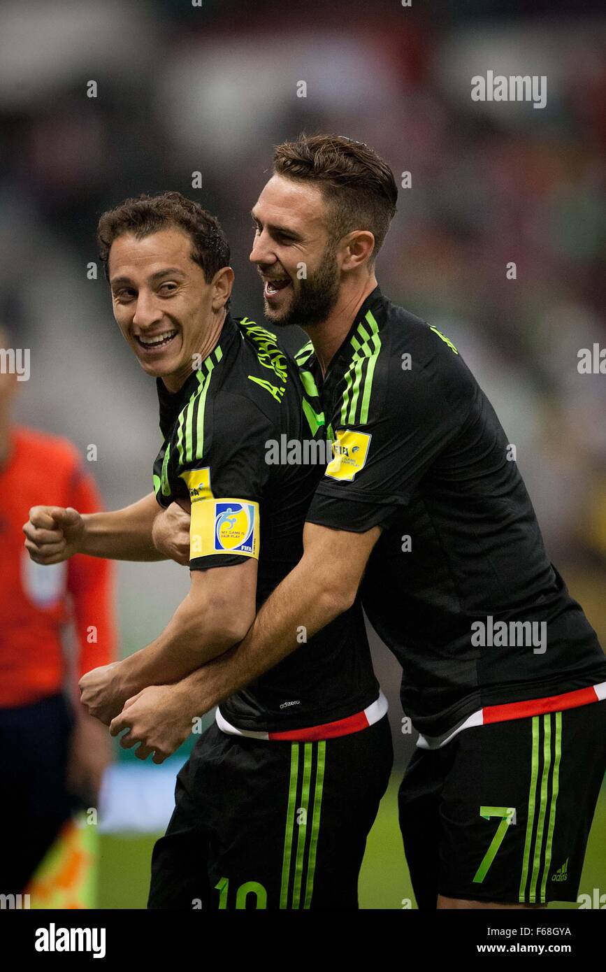 Mexico City, Mexico. 13th Nov, 2015. Andres Guardado (L) of Mexico celebrates after scoring with his teammate Miguel Layun during the 2018 Russia World Cup qualifying match between Mexico and El Salvador at Azteca Stadium in Mexico City, capital of Mexico, on Nov. 13, 2015. Mexico won 3-0. Credit:  Pedro Mera/Xinhua/Alamy Live News Stock Photo
