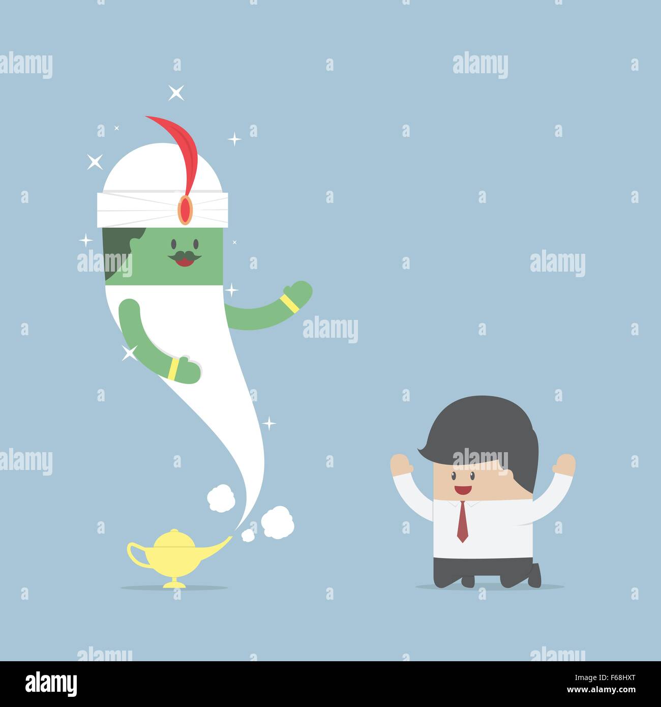 Businessman and genie giant in the magic lamp, VECTOR, EPS10 Stock Vector