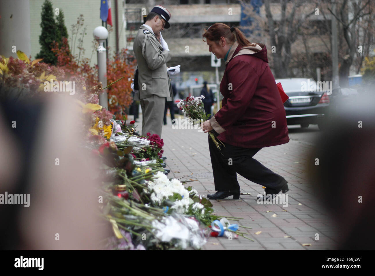 Kiev, Ukraine. 14th Nov, 2015. People lay flowers at the French Embassy ...
