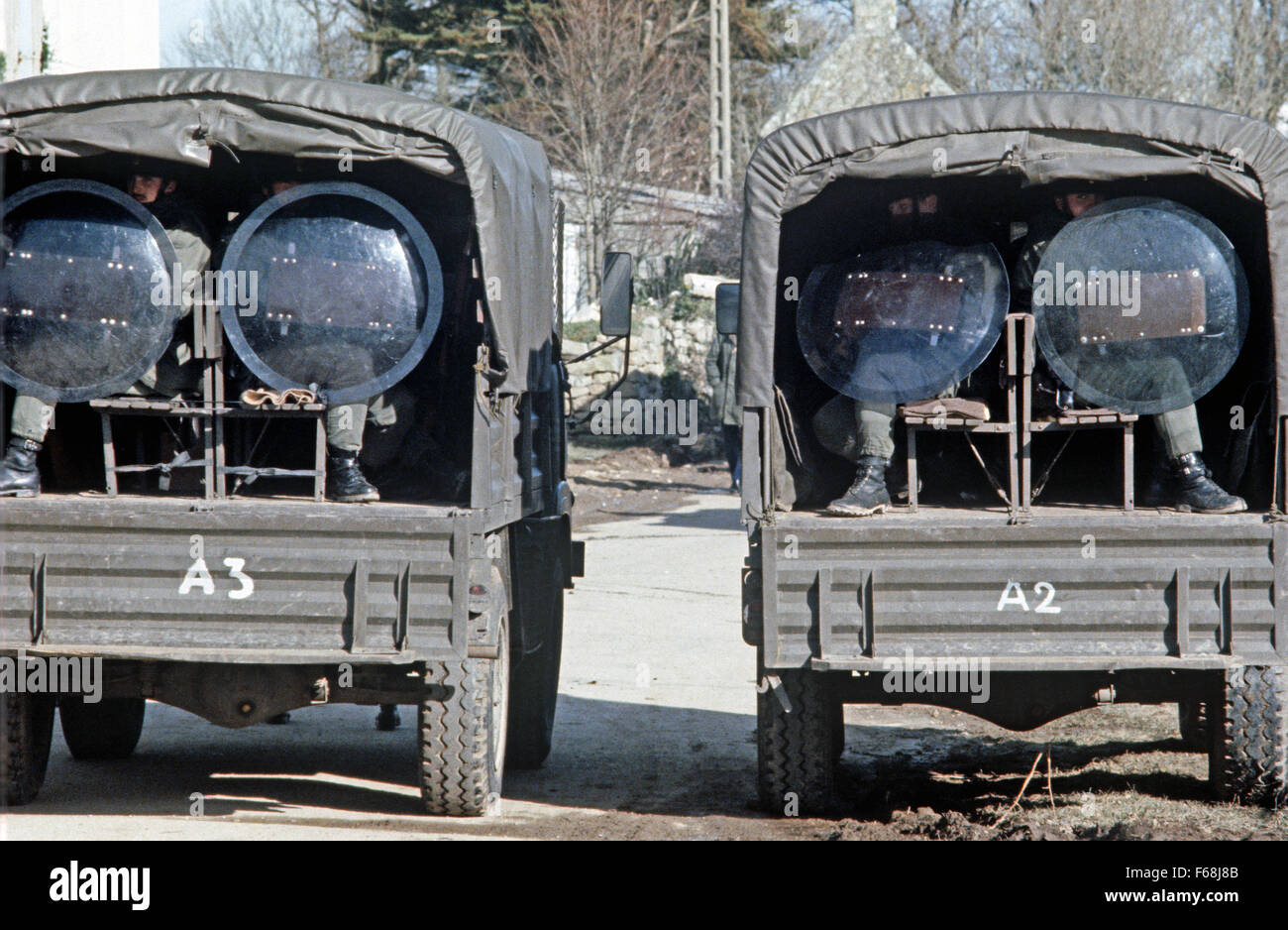 French police, Gendarmerie Mobile, prepared against antinuclear demonstrators in Plogoff, small village in South West Brittany, France Stock Photo