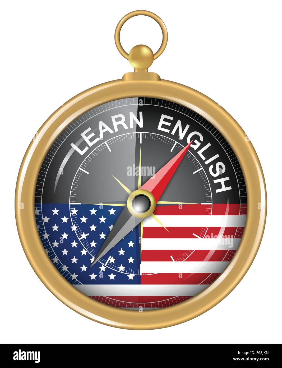Compass and an arrow pointing to the word learn american english Stock