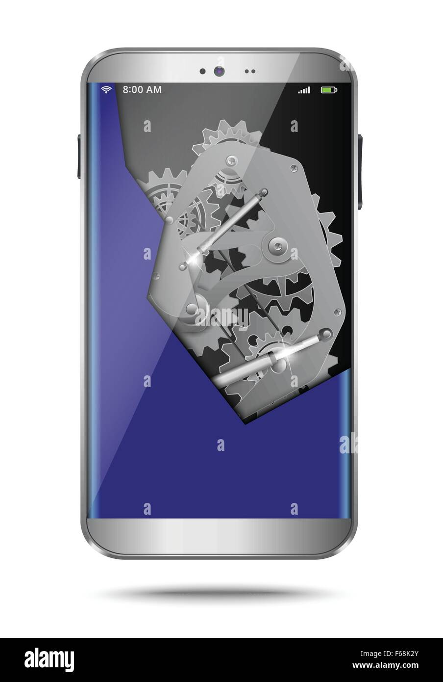 Broken cell phone with exposed gears as idea concept Stock Vector
