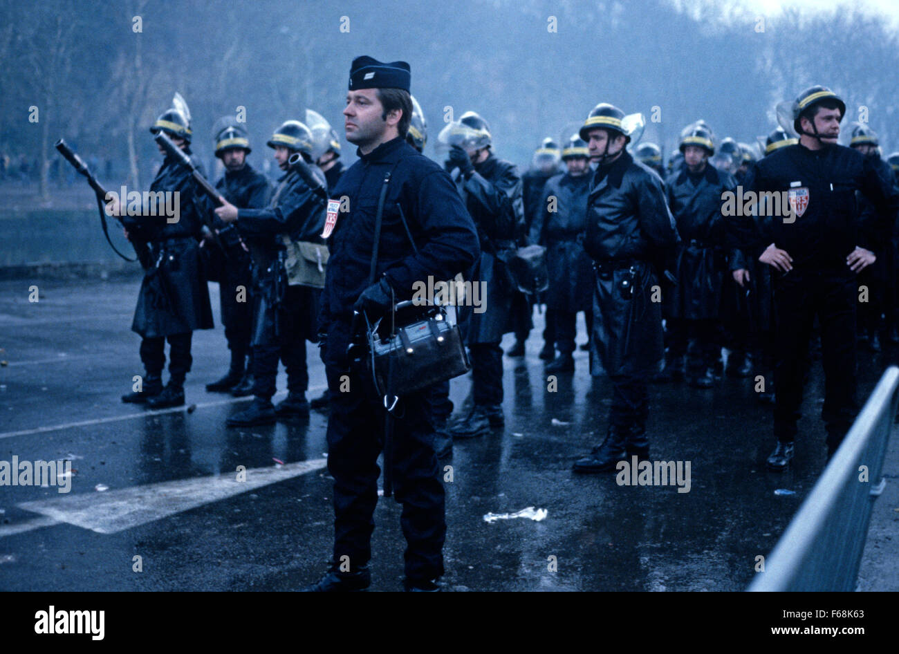 Antinuclear protestors fighting against the CRS, French National Police, in Rennes, Brittany, France Stock Photo