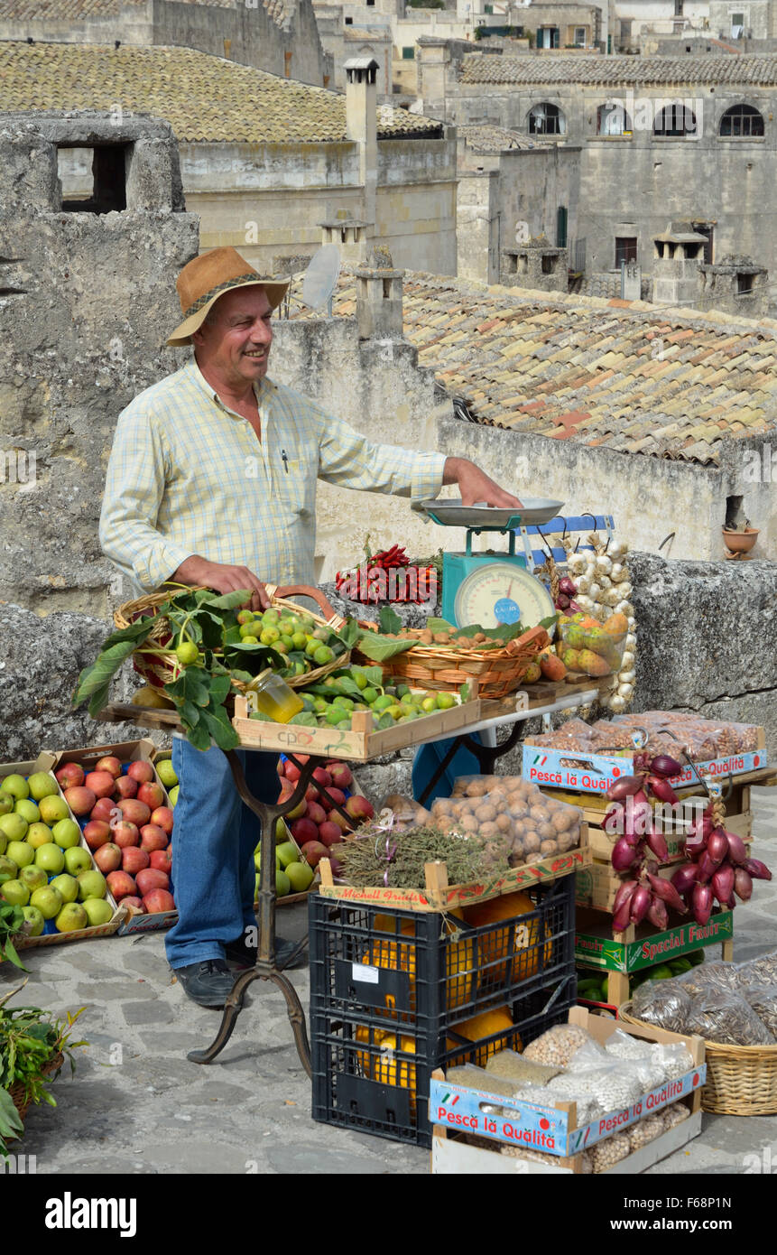 Fruit and Vegetable Seller, with market stall, Street, Matera, Basilicata, Italy, Europe Stock Photo